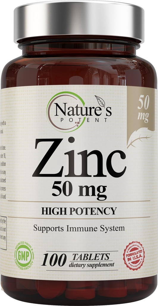 Supplément Zinc 50mg [High Potency] - Système de soutien immunitaire du Zinc naturel (oxyde/citrate) 100 comprimés, fabriqués par la nature.
