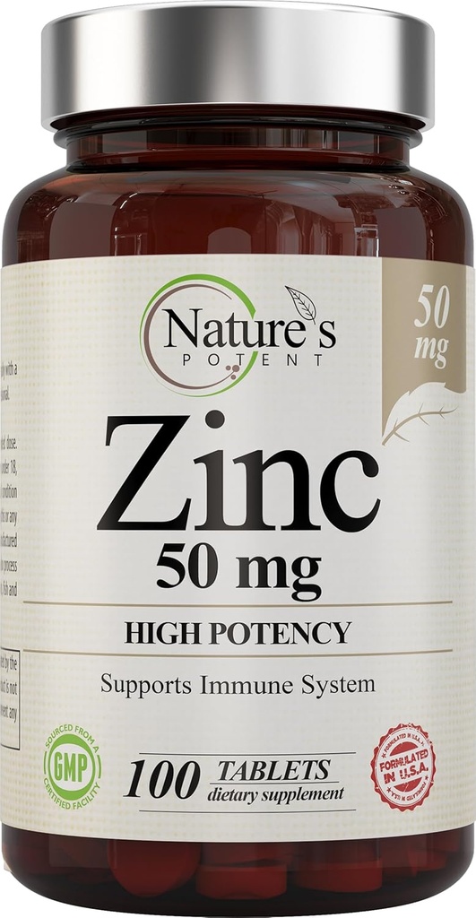Supplément Zinc 50mg [High Potency] - Système de support immunitaire du Zinc naturel (oxyde/citrate) 100 comprimés, fabriqués par la nature.