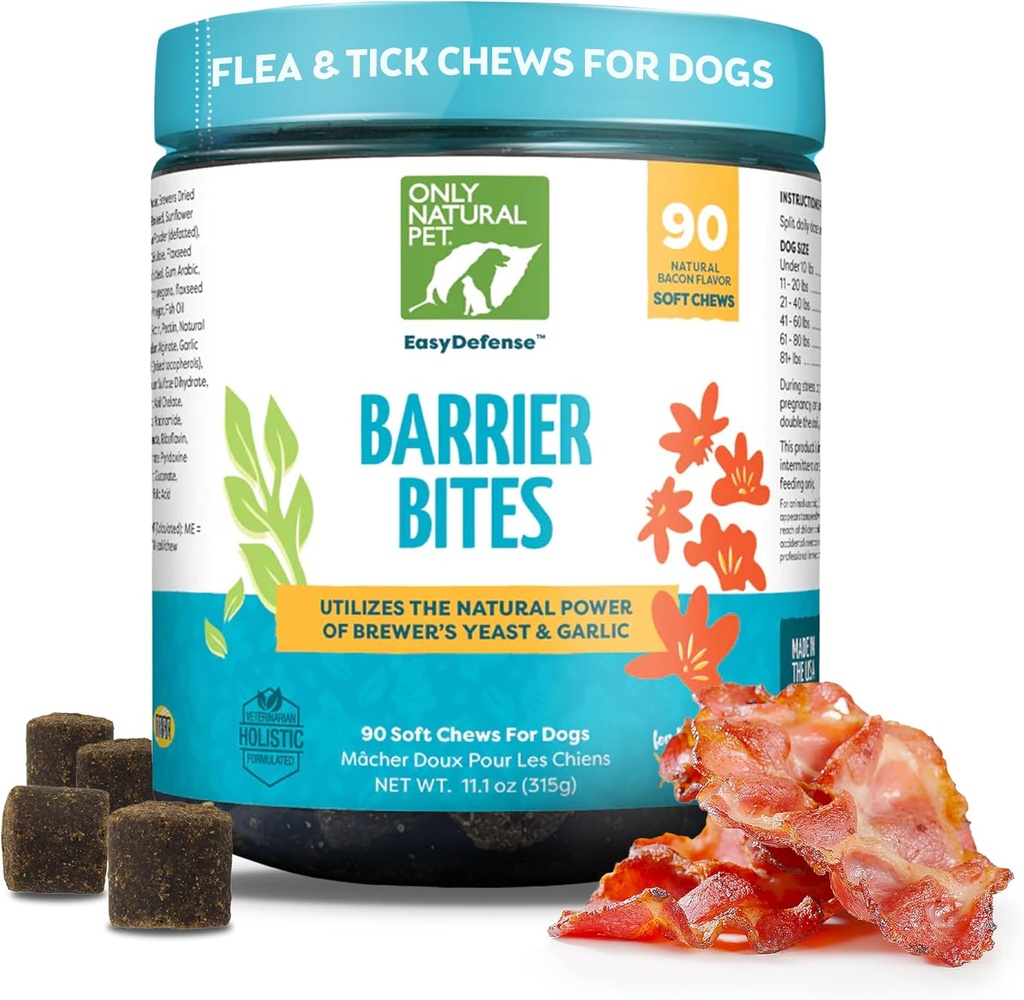 Uniquement les animaux naturels EasyDefense Barrier Bites Soft Flea Chews pour les chiens - Première ligne de défense Replace les puces et les tiques, stimule le système immunitaire et la peau et le manteau sains - (90 bacon aromatisé Soft Chews) 1 Pack