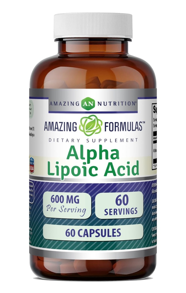 Formules étonnantes Acide alpha lipoïque: 600 Mg par supplément de service: Capsules non-OGM: sans gluten: Fabriqué aux États-Unis (1 Pack: 60 Nombre)