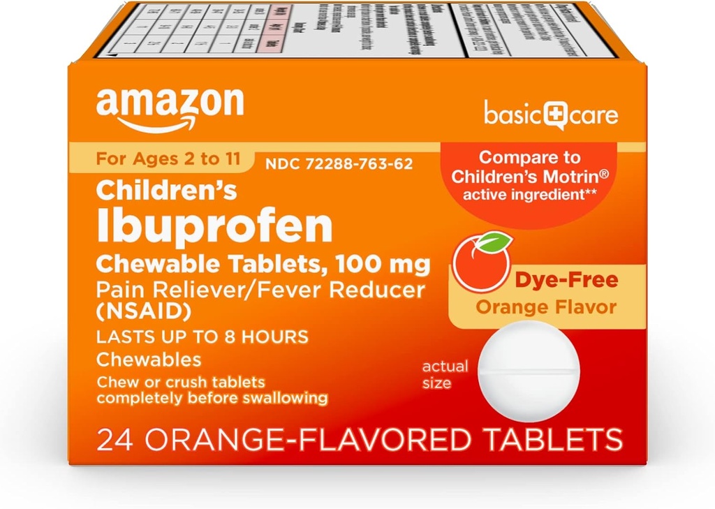 Soins de base Ibuprofène pour enfants Comprimés chirurgicaux, analgésiques et réducteurs de fièvre, colorant orange, 2-11 ans, dure jusqu'à 8 heures, 100 mg, 24 Nombre