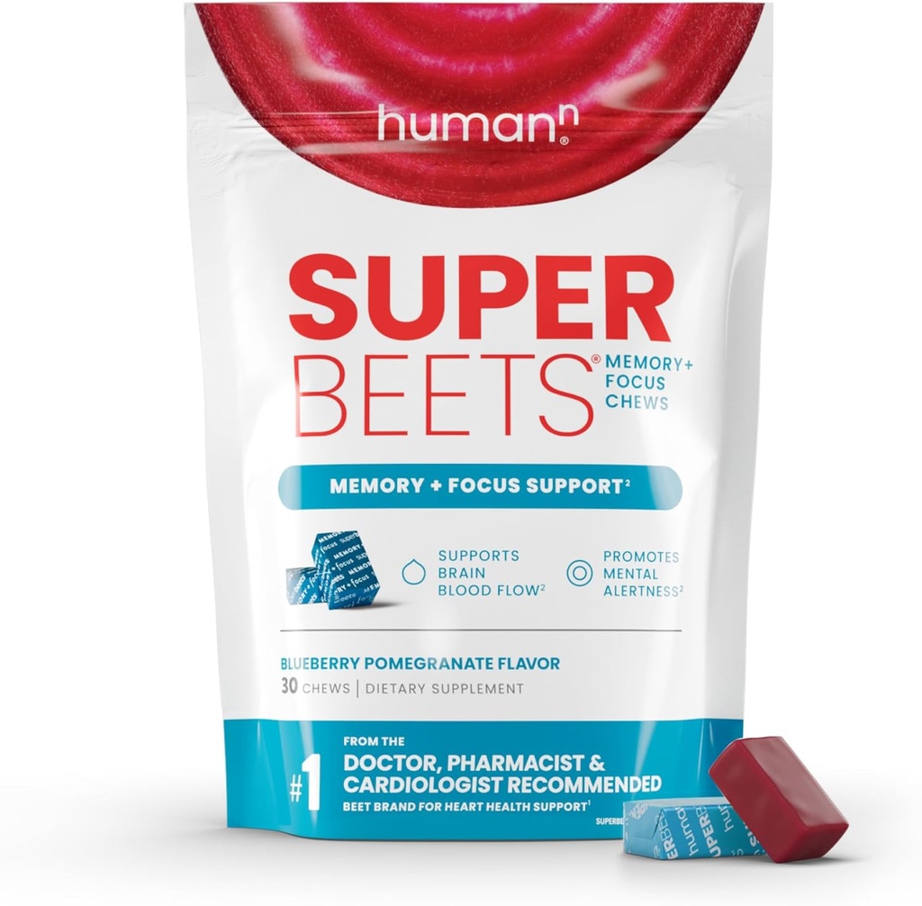 HumanN SuperBeets Brain Supplements for Memory and Focus Chews, Mental Alertness, Clinically Studied Nootropics, Resveratrol Supplement Plus Beet Root Powder, Blueberry Pomegranate Flavor, 30 Count