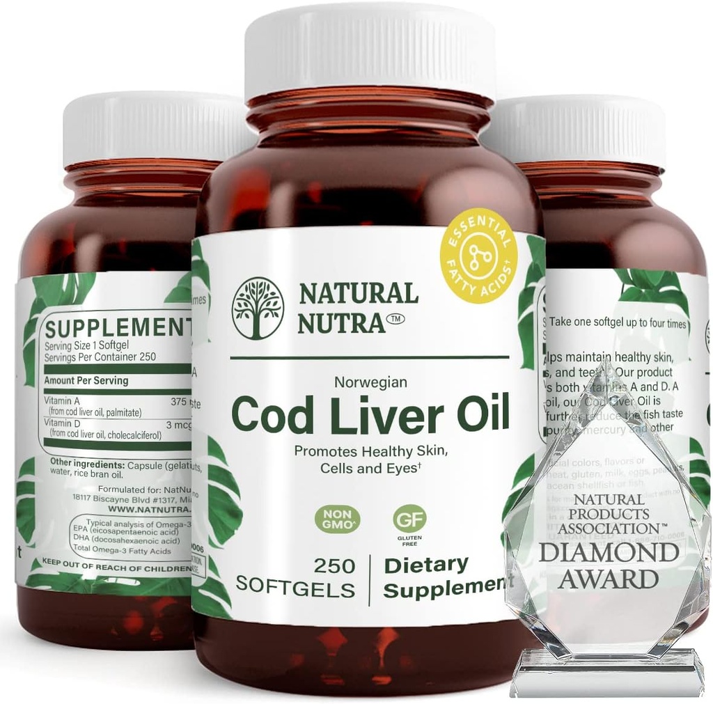 Natural Nutra Norwegian Cod Liver Oil Supplement, Helps to Maintain Skin, Helps Maintain Body Density, Eye Health & Nerve Function, Promotes Dental Health, Supports Cardiovascular Health, 250 Softgels
