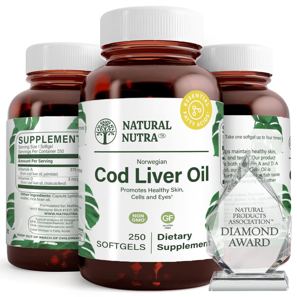 Supplément naturel Nutra Norwegian Cod foie huile, aide à maintenir la peau, aide à maintenir la densité corporelle, la santé des yeux et la fonction nerveuse, favorise la santé dentaire, soutient la santé cardiovasculaire, 250 Softgels