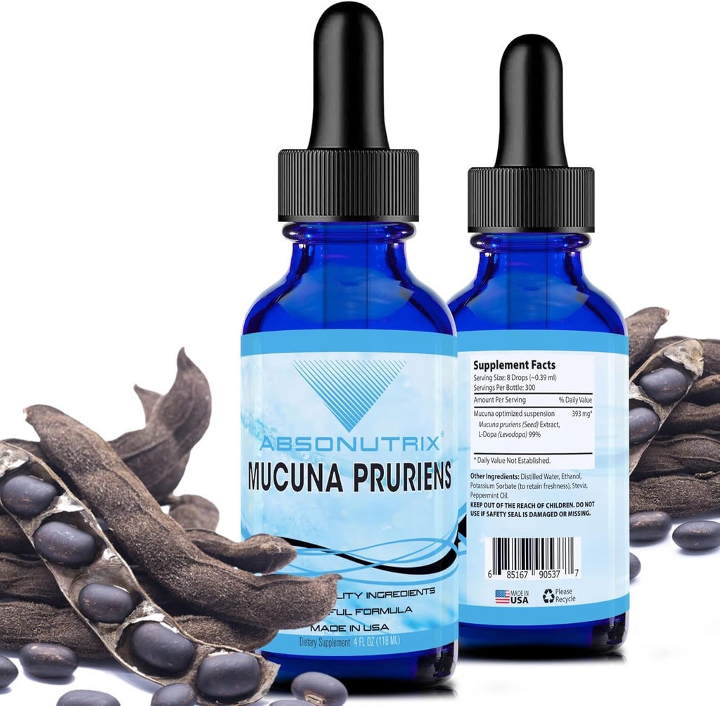 Absonutrix Mucuna Pruriens 393mg, 4 Oz Liquid, 300 Servings, Made in USA, Quick Absorption, Quality Potent Ingredients, Third-Party Tested, Non-GMO, GMP Certified, Cruelty-Free Products