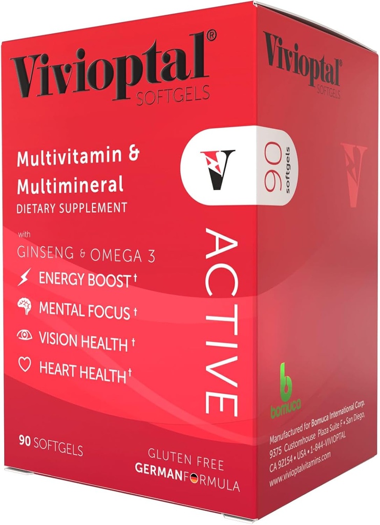 Vivioptal Active, 90 Softgels, Ginseng et Omega 3, Multivitamine et multiminérale, sans gluten, formule allemande