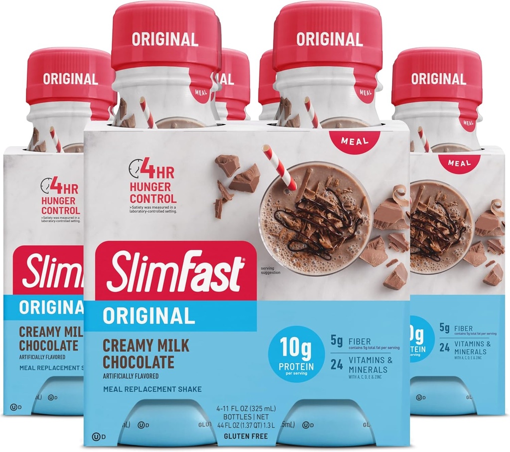 SlimFast substitut de repas Shake, Chocolat de lait crémeux original, 10g de protéines prêtes à boire, 11 Fl. Oz bouteille, 4 comte (paquet de 3) (emballage mai Vary)