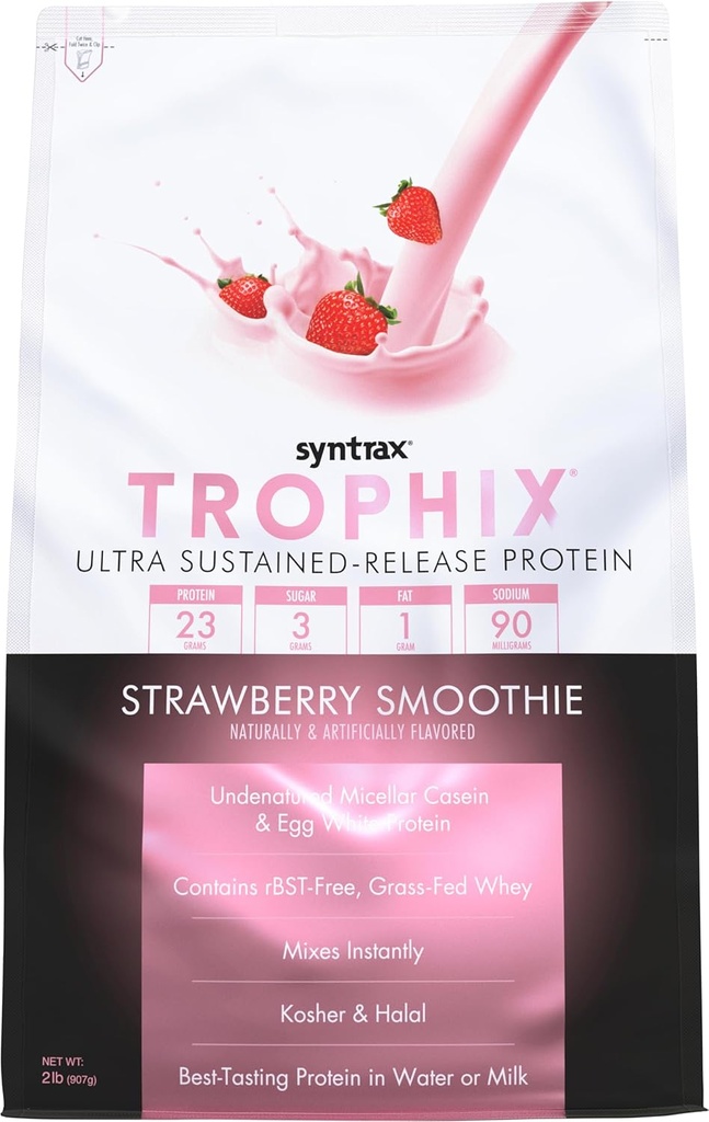Syntrax Nutrition Trophix, mélange de poudre de protéines à libération prolongée, smoothie aux fraises, 2 livres.