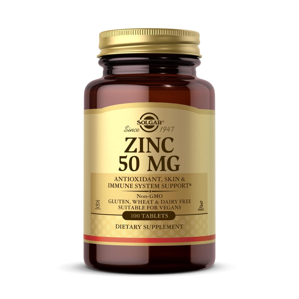 Solgar Zinc 50 mg, 100 comprimés - Zinc pour une peau, un goût et une vision sains - Système immunitaire et antioxydant - Soutien à la croissance cellulaire et à la formation d'ADN - Non OGM, végétalien, sans gluten - 100 portions