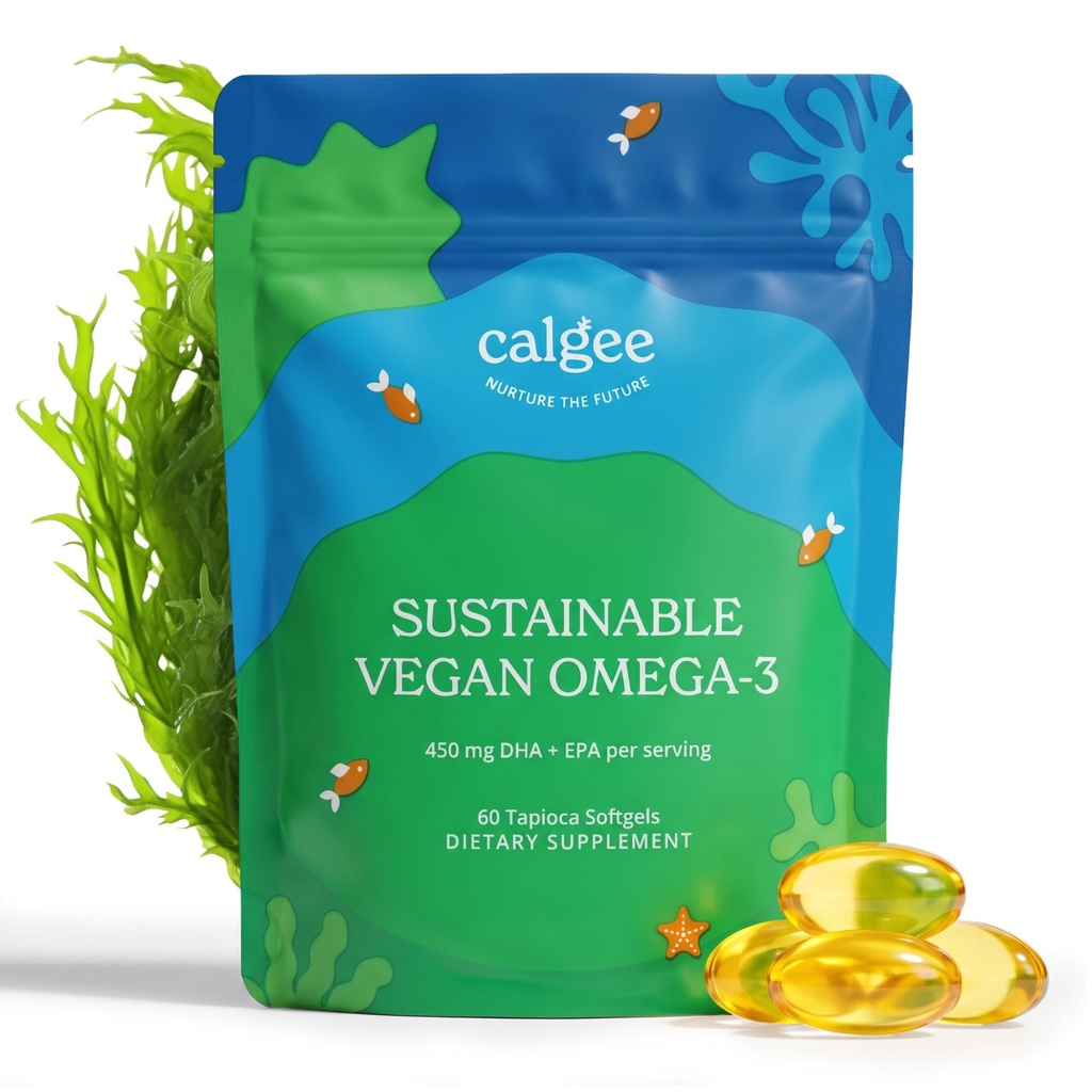 Calgee Vegan Omega 3-450mg DHA & EPA Acides gras - Huile d'algue durable - Huile de poisson végétale Alternative - Softgels sans carrageenan (60 Ct)