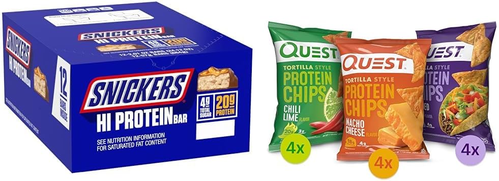 SNICKERS Hi Protein Peanut Caramel Bar Bulk Box, Quest Tortilla Protein Chips Variety Pack