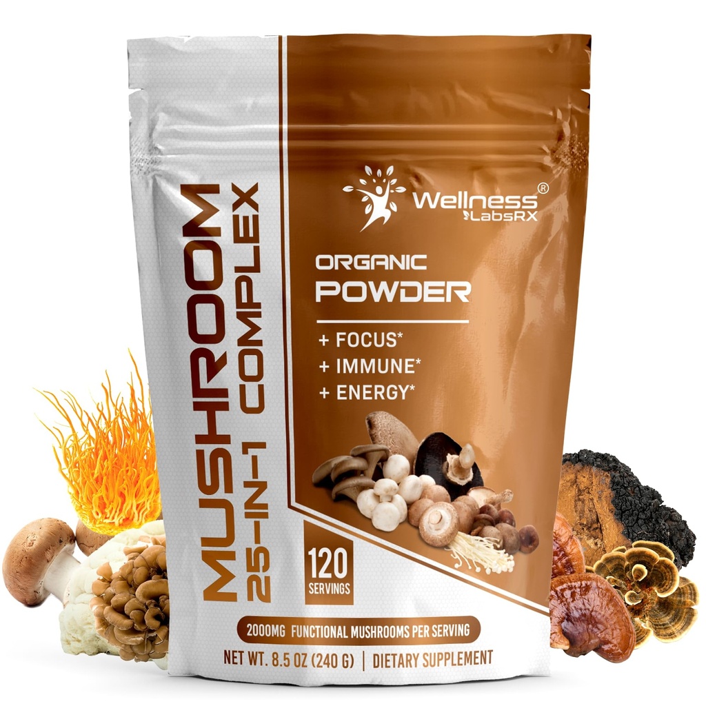 WELLNESS LABSRX Poudre de champignons, 25 en 1 Supplément de champignons - 2000mg, 25 Superfood Mishroom Lions Mane Poudre avec Chaga, Shiitake, Cordyceps, Reishi - Lions Mane Mushroom - 120 portions