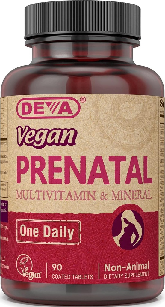 Multivitamines prénatales et suppléments minéraux de Deva Vegan - Formule une fois par jour - Complexe Vitamines A, C, D, E, K, B, avec fer fondu et chélaté - 90 comprimés enduits, 1-paquet