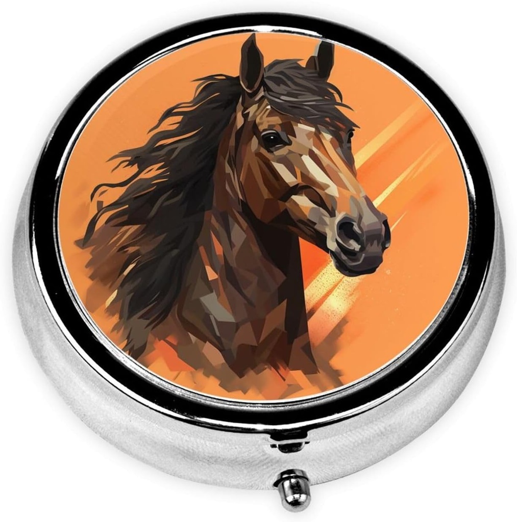 Orange Background with Horse Head Pill Box Metal Round Small Pill Case Cute 3 Compartment Pill Organizer Portable Travel Pillbox Mini Pill Container Holder for Daily Medicine Supplement Vitamin