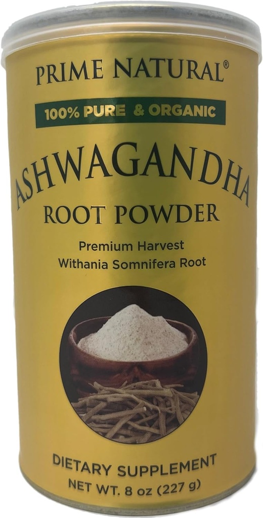 PRIME NATUREL Ashwagandha poudre de racine 8oz. Adaptogène ayurvédique pour calme, vitalité, stimule l'énergie, l'endurance, pur, cru, végétalien