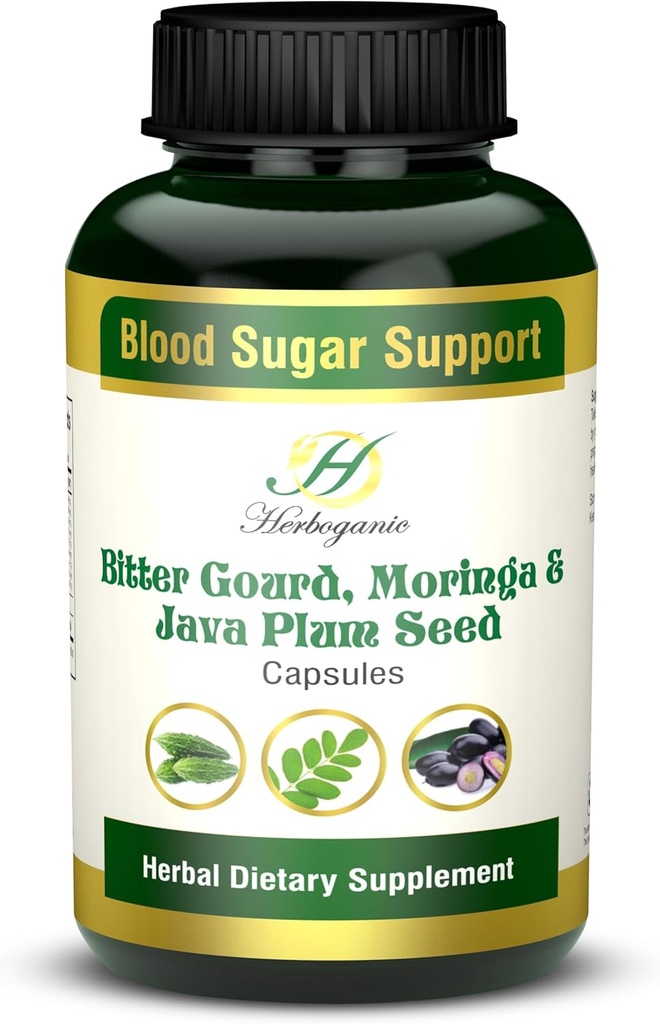 HERBOGANIC Bitter Gourd Moringa and Java Plum Seed Capsules | 500mg |All Natural Detoxification | 60 Capsules