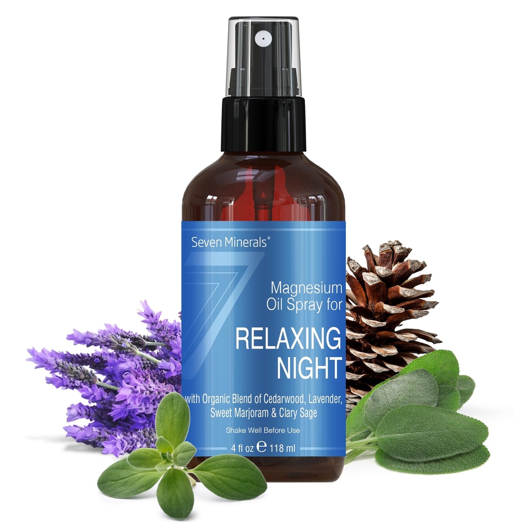 Sept minéraux vaporisateur de magnésium de nuit relaxant, puissant mélange organique d'huiles essentielles (Cédar, Lavendar, Sweet Marjoram, & Clary Sage) 4 fl oz