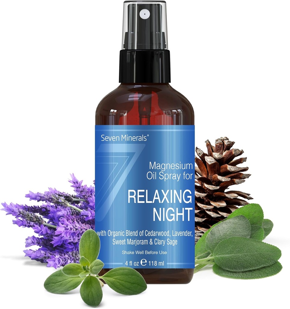 Sept minéraux vaporisateur de magnésium de nuit relaxant, puissant mélange organique d'huiles essentielles (Cédar, Lavendar, Sweet Marjoram, & Clary Sage) 4 fl oz