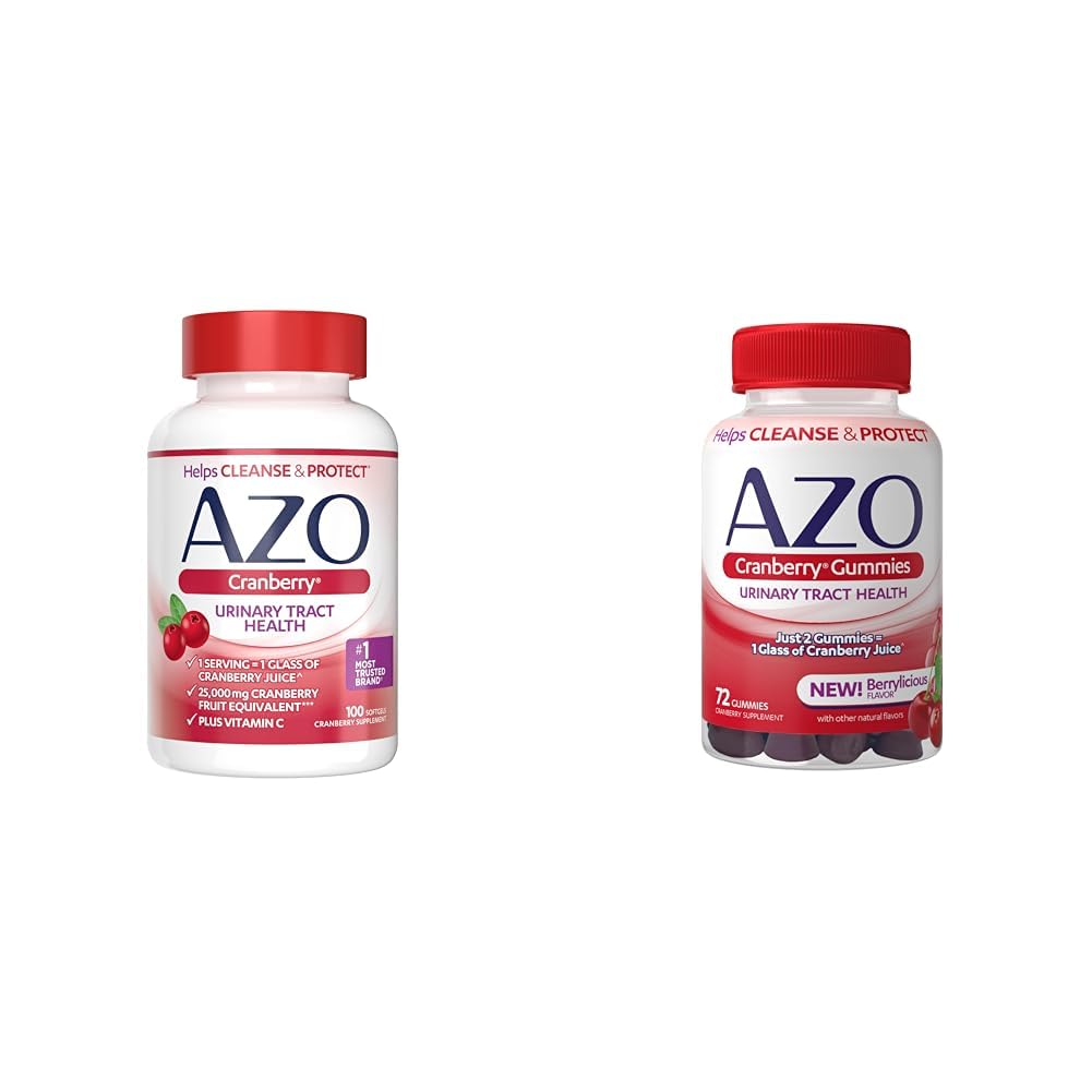 Supplément de santé à la canneberge urinaire AZO Softgels & Gummies, 1 Softgel/Gummy = 1 jus de canneberge en verre, sans sucre, sans OGM, 100 Softgels & 72 Gummies