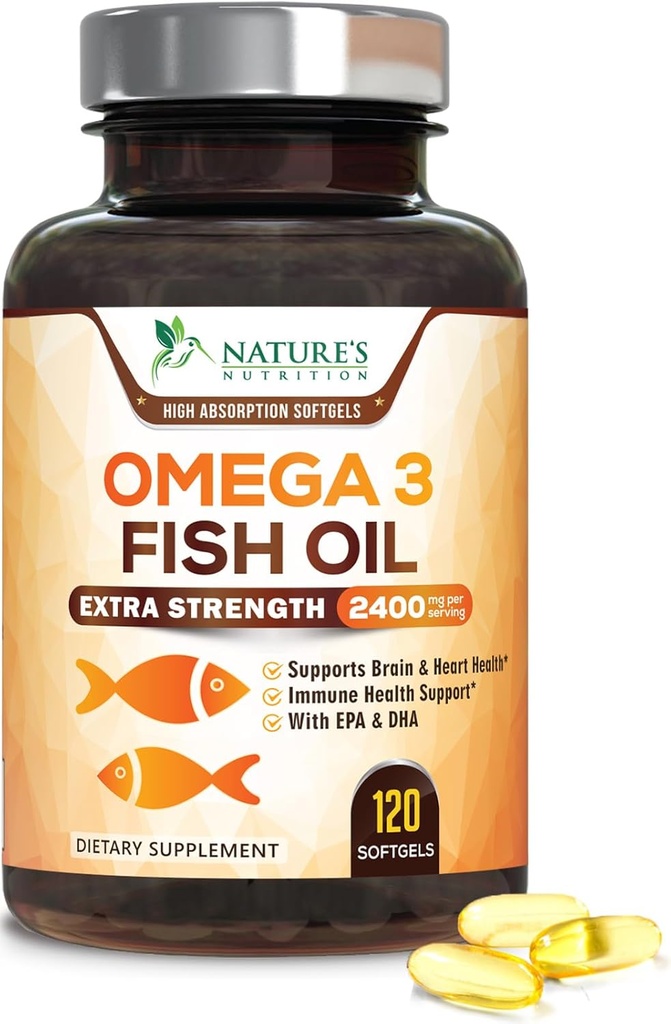 Omega 3 Huile de poisson 2400 mg – Acide gras triple force EPA et DHA pour le coeur, le cerveau et le soutien articulaire – Wild-Caught, Burpless, supplément au citron – naturel, non OGM, sans gluten – 120 softgels