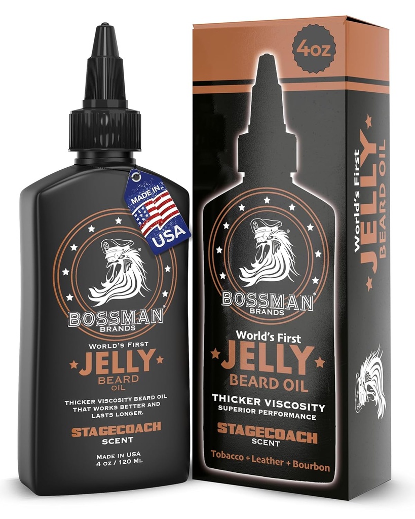 Bossman Jelly Beard Oil for Men (4 oz, Scent de Stagecoach) – Adoucit, hydrate et conditions avec des ingrédients naturels