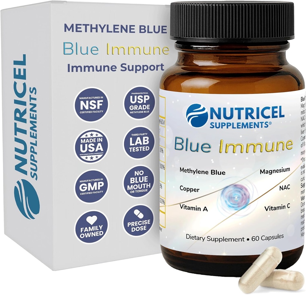 Capsules bleues de méthylène de nutrique avec foie de boeuf gras ajouté, cuivre, magnésium, vitamine A, E et C - Marque de confiance fabriquée en Amérique - 12mg (conforme à la référence de l'USP) - Tiers testés (60ct)
