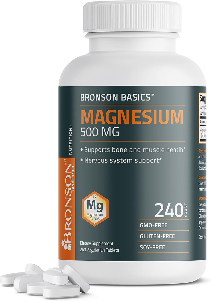 Bronson Magnésium 500 MG soutient la santé osseuse et musculaire et le système nerveux - non-OGM, 240 comprimés végétariens