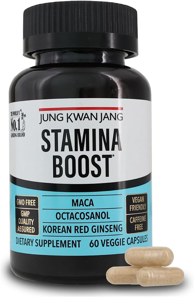 JungKwanJang Men's Stamina Boost with Korean Red Ginseng, Maca, and Octacosanol for Men's Health and Energy Supplement, 60 Capsules