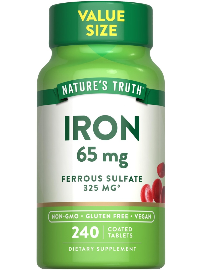 La vérité de la nature Tablettes de fer 65mg, 240 Count 325mg Sulfate ferreux, supplément végétalien, sans OGM et sans gluten