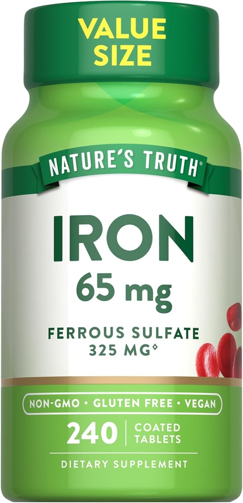 Nature's Truth Iron Tablets 65mg | 240 Count | 325mg Ferrous Sulfate | Vegan, Non-GMO & Gluten Free Supplement