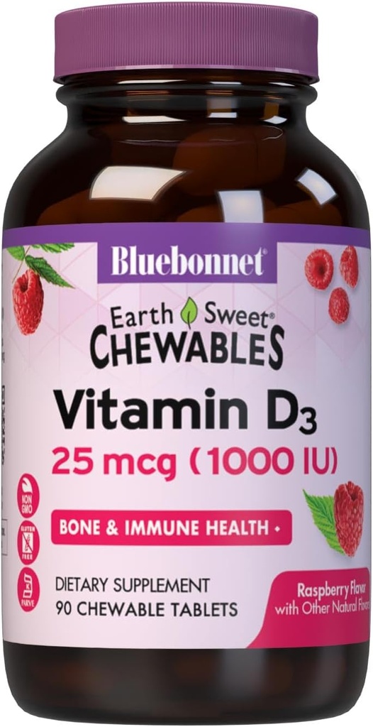 Bluebonnet Nutrition EarthSweet Vitamine D3 1000IU - Supplément de soutien os et immunitaire - Supplément de vitamine D à la framboise pour les femmes et les hommes - Sans soja, sans gluten, sans OGM - 90 comprimés