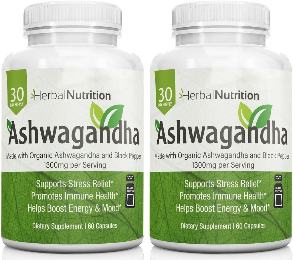 Herbal Nutrition Organic Ashwagandha 1300mg Max Strength, deux flacons, 120 capsules et poivre noir pour la biodisponibilité