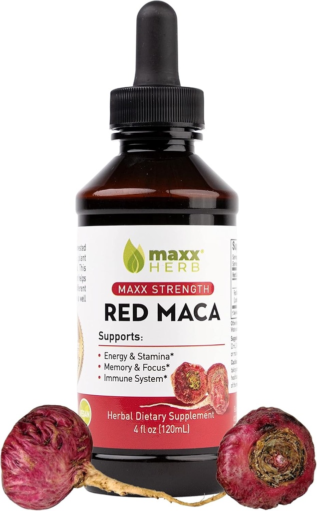 Maxx Herb Red Maca Root Extract - Max Strength gouttes liquides Absorber mieux que la poudre ou les capsules, pour l'endurance, la mémoire et le focus - 4 Oz bouteille (60 portions)