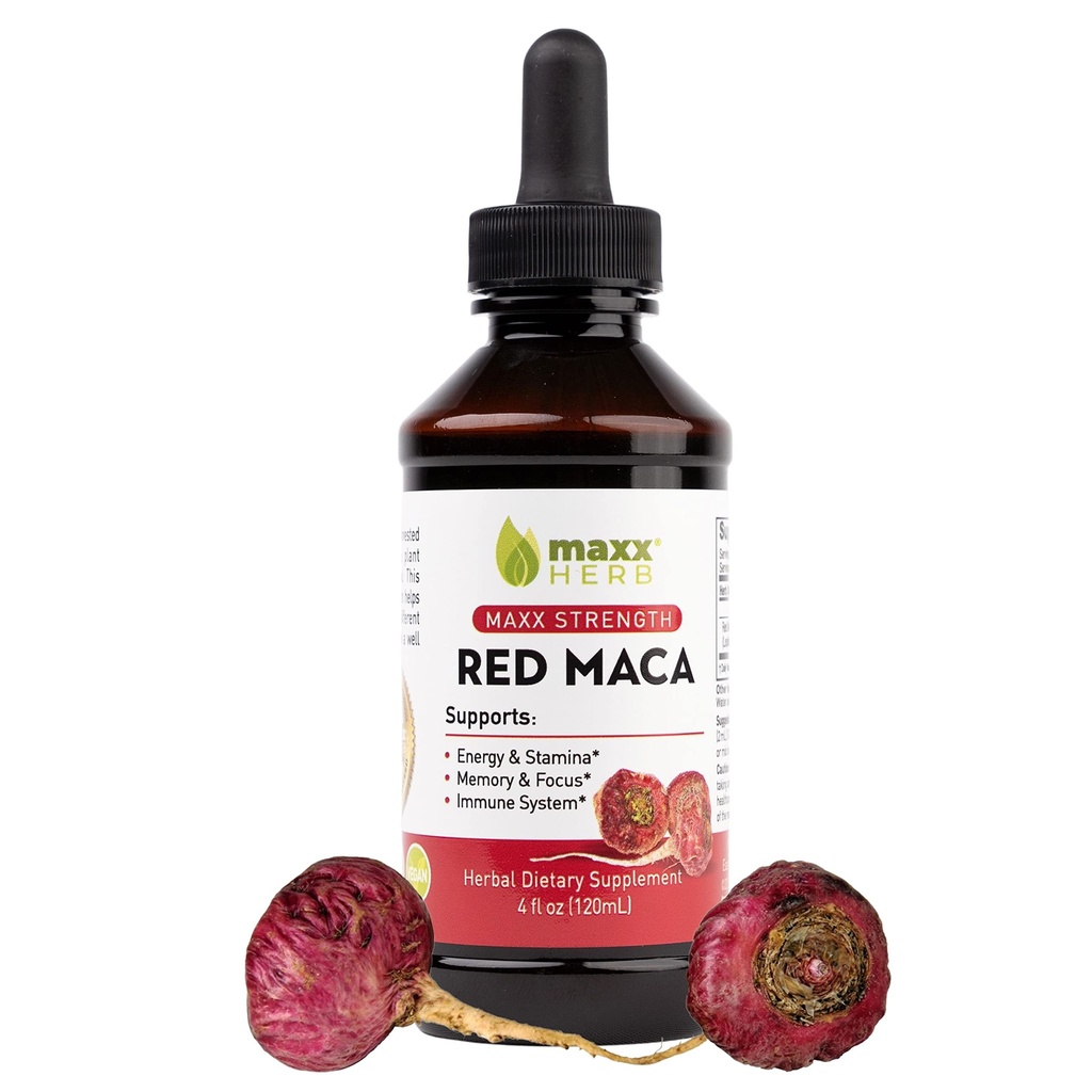 Maxx Herb Red Maca Root Extract - Max Strength gouttes liquides Absorber mieux que la poudre ou les capsules, pour l'endurance, la mémoire et le focus - 4 Oz bouteille (60 portions)