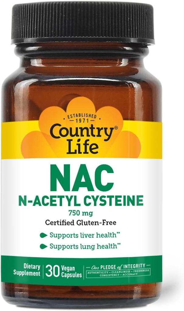Country Life N-acétyl Cysteine (NAC) 750 mg – Soutien du foie Premium et supplément pour la santé pulmonaire – Puissante protection antioxydante, désintoxication du foie et nettoyage, soutien immunitaire, 30 capsules végétariennes