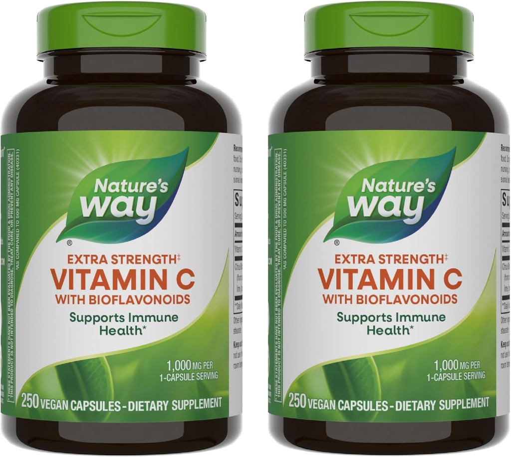 Nature's Way Extra Strength(1) Vitamin C with Bioflavonoids, Supports Immune Health*, Promotes Collagen Production for Healthy Skin*, 1,000 mg per Capsule, 250 Vegan Capsules (Packaging May Vary)
