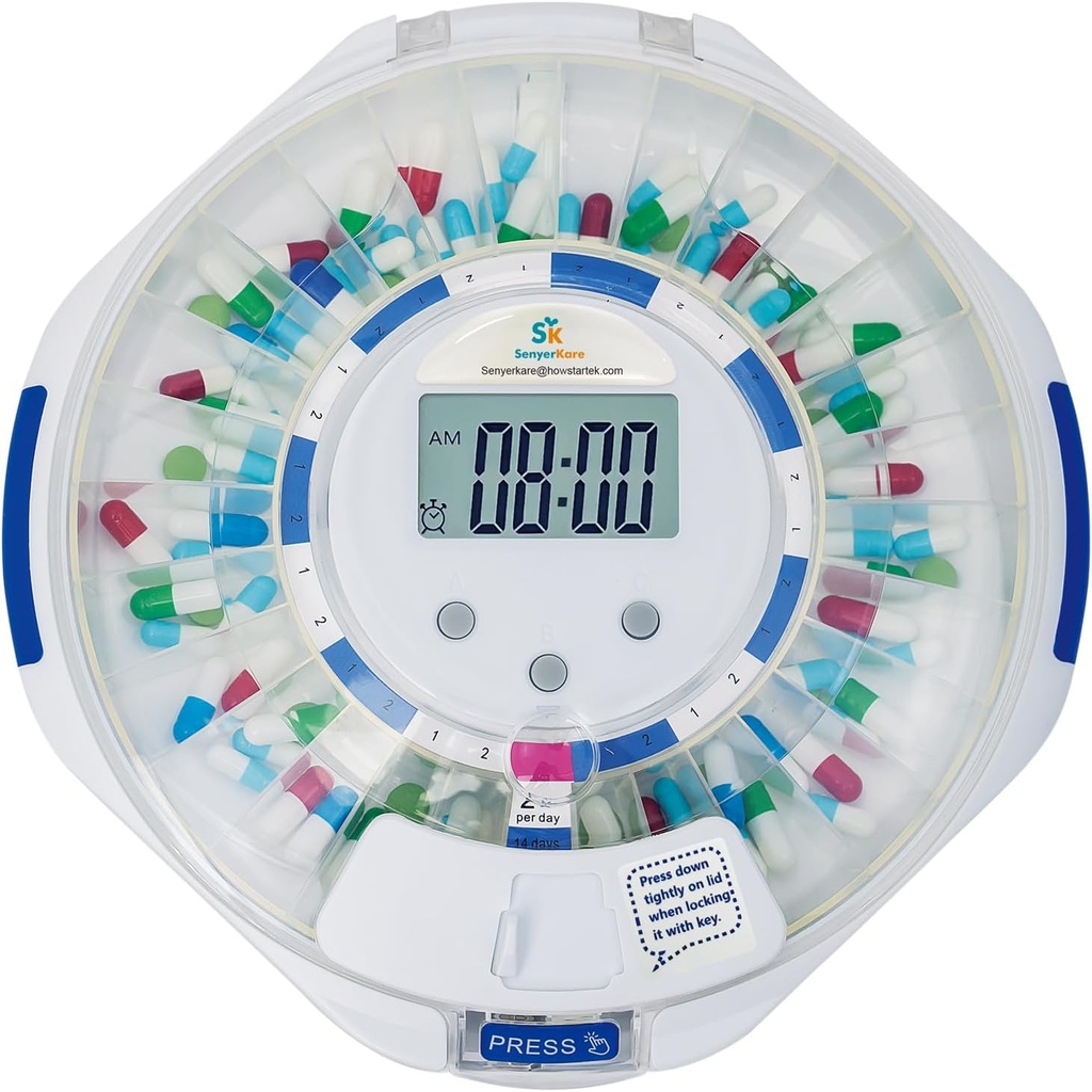SenyerKare 28 jours distributeur automatique de pilules avec alarme et soins Alzheimer, organisateur de médicaments avec affichage LCD facile, son & lumière et les alertes clés pour les médicaments, vitamines, suppléments, lis clair