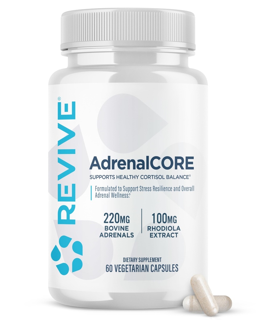 Revive MD Suppléments de soutien adrénal pour la fatigue - Natural Cortisol Manager & Supplément avec Rhodiola Rosea et Ashwagandha favorise les niveaux d'énergie et la performance mentale - hommes et femmes - 30 services
