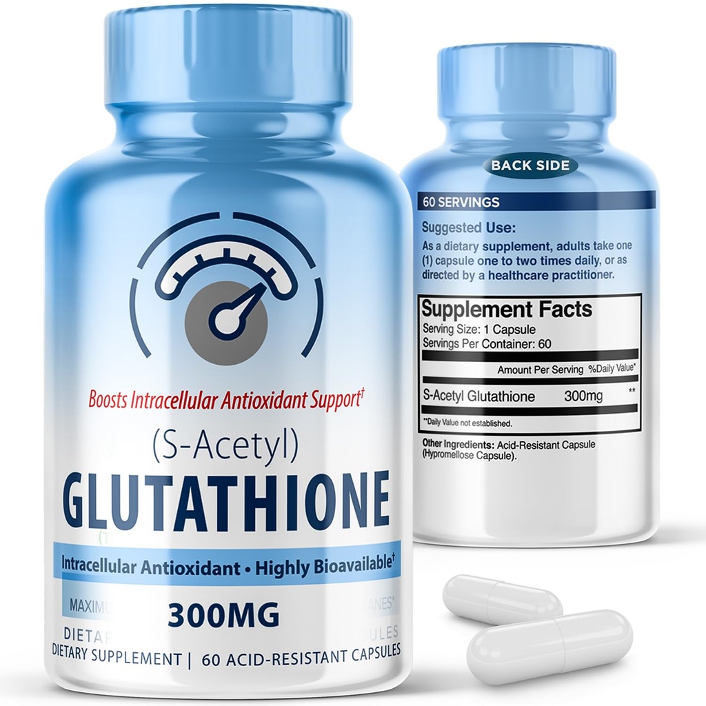 S-acétyl L-Glutathion 300 mg – 60 capsules résistantes à l'acide, suppléments d'acétyl glutathion à haute biodisponibilité S pour la santé du foie et de la peau, capsules de soutien antioxydants supplémentaires
