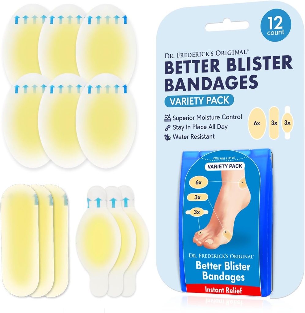 Dre Frederick's Original Better Blister Bandages - 12ct - Résistant à l'eau - 40% Plus Coussin - Hydrocolloïde Bandages pour pied, orteil et talon - Plaquettes pour la prévention et le rétablissement - Trousse de variétés