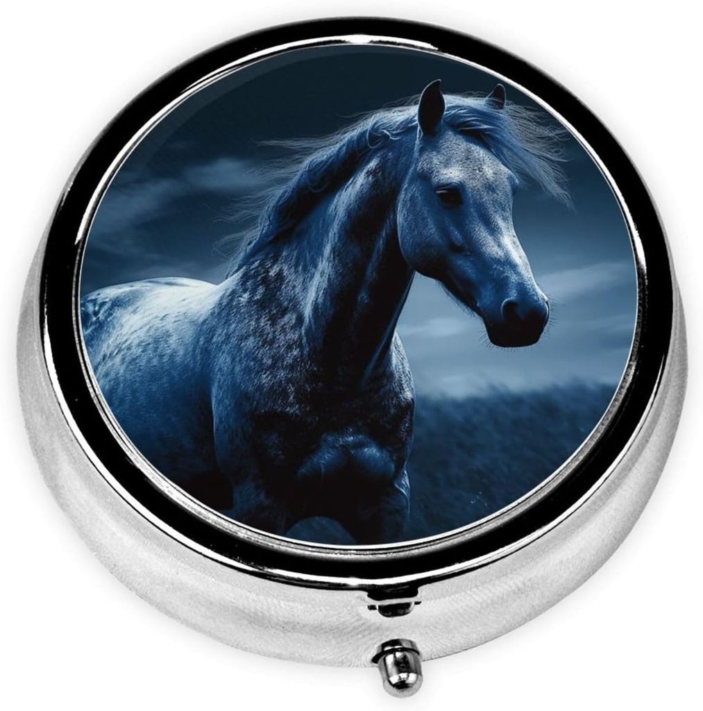 Pill Box 3 Compartiment rond Petite Pill Case Travel Pillbox for Purse Pocket Blue Horse Metal Medicine Organizer Portable Pill Container Holder to Hold Vitamines Medicating Supplements