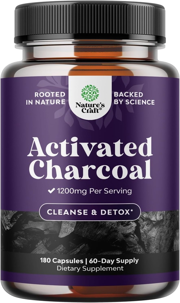 Natures Craft Activated Charcoal Pills Detox & Cleanse - Purifiant Capsules de noix de coco avec 1200 mg par portion pour le soulagement du ballonnement - Supplément actif detox pour la santé du corps et des intestins -180 Compte