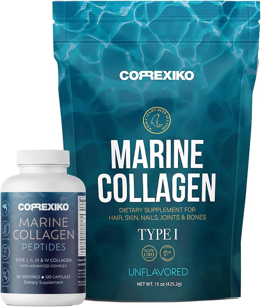 CORREXIKO Supplément de collagène marin Pills & Powder Bundle 1 mois d'approvisionnement - Comprend 10 000mg Double poudre de collagène hydrolysée 15oz & 1800mg Collagène Peptides 120 Capsules - pour cheveux, peau et ongles