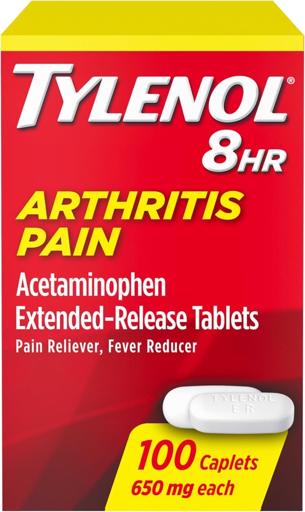 Tylenol 8HR Arthritis Pain Relief Caplets, 650 mg Acetaminophen for Minor Arthritis & Joint Pain, Fever Reducer, Extended Release, Gentle on Stomach, 100 ct