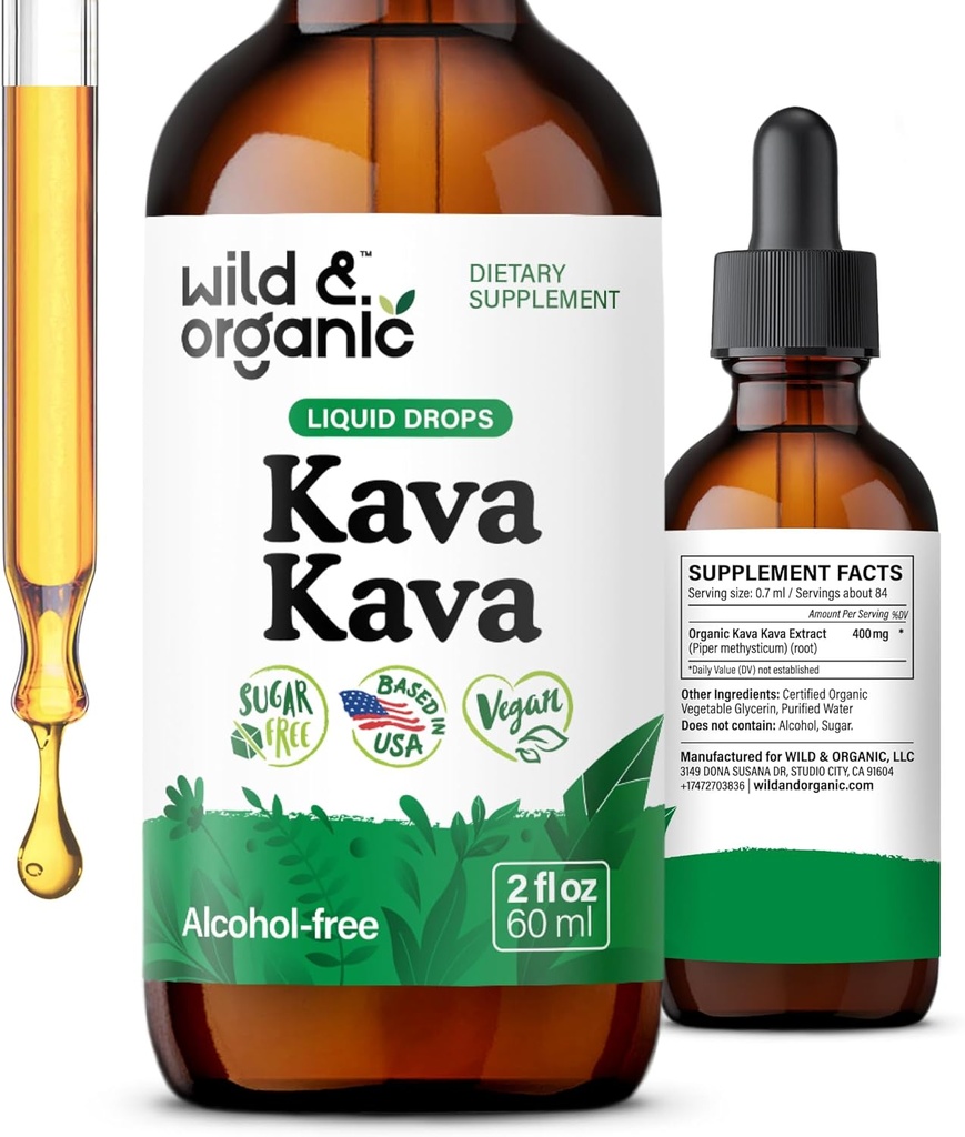 Wild & Organic Kava Teinture 400 mg - Supplément de soutien d'humeur - Calmer les gouttes liquides d'extrait de racine - 2 mois d'approvisionnement - Vegan, sucre et gouttes sans alcool - 2 fl oz