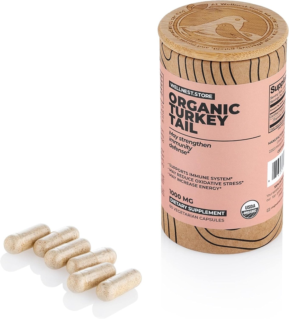 Turkey Tail Mushroom Organic (Trametes Extract) 60 capsules de légumes - Supplément de soutien immunitaire; favorise la croissance des bactéries bénéfiques dans le Gut + stimule l'énergie