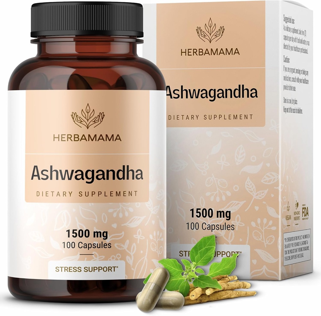 HERBAMAMA Capsules d'Ashwagandha - Supplément de focale sur les racines d'Ashwagandha pur de 1500mg - Vegan, Supplément de soutien non-OGM et calm pour adultes, 100caps