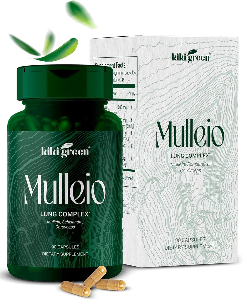 KIKI Green Mulleio Lung Health Capsules: Vegan Herbal Supplement for Cleanse, Better Function, Respiratory Support - Mullein, Cordyceps, Schisandra - 90 Count for Daily Use
