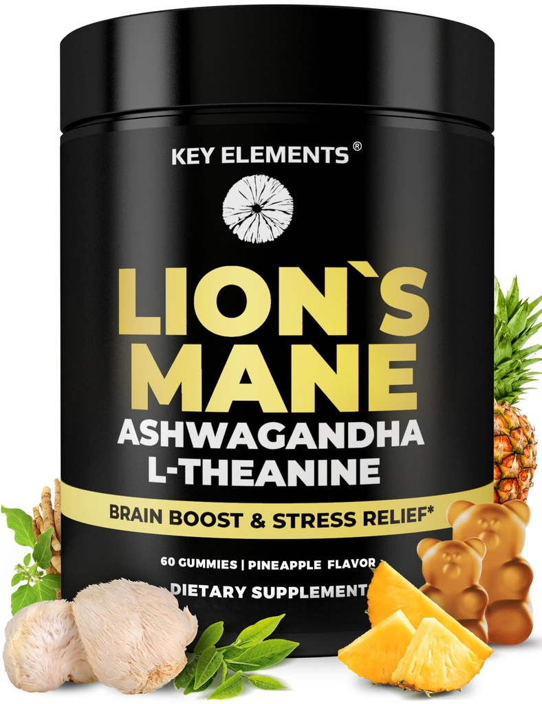 Extrait de haute force Gommies de champignons de lion biologique avec Ashwagandha & L-Theanine - Suppléments de cerveau de lion pour mémoire et relaxation - Gommies de champignons pour Focus
