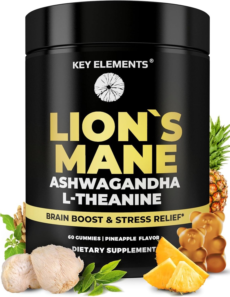 Extrait de haute force Gommies de champignons de lion biologique avec Ashwagandha & L-Theanine - Suppléments de cerveau de lion pour mémoire et relaxation - Gommies de champignons pour Focus